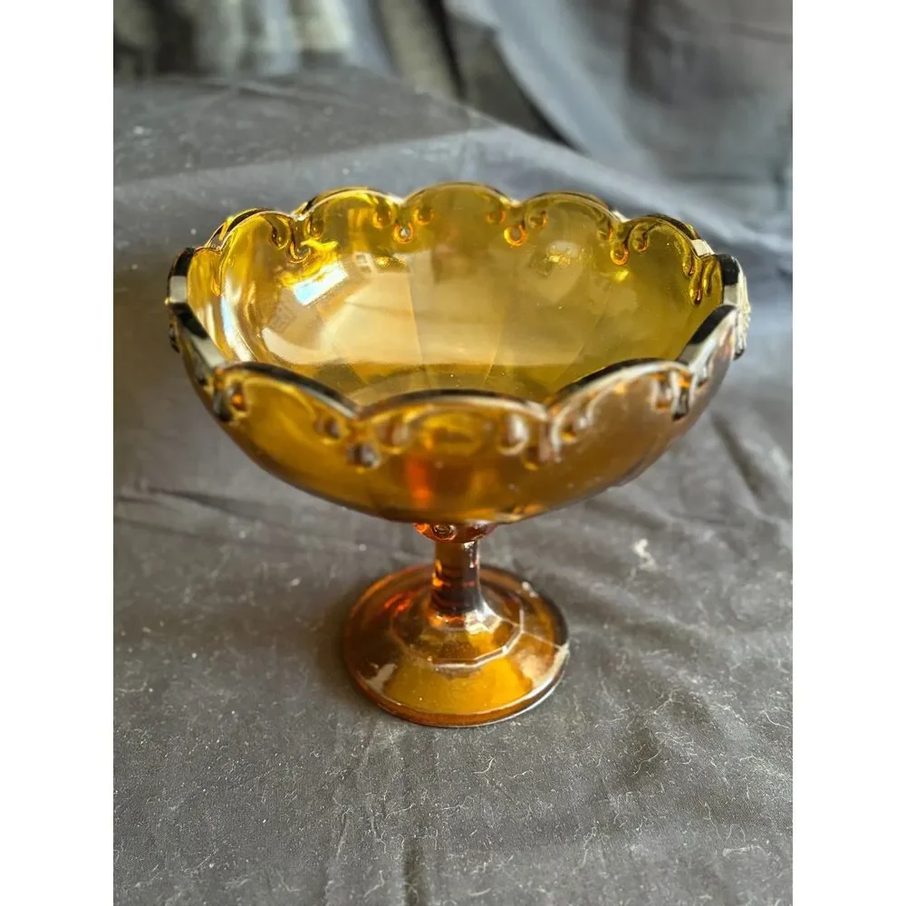 Vintage Indiana Glass Golden Amber Garland Teardrop Pedestal Bowl Compote